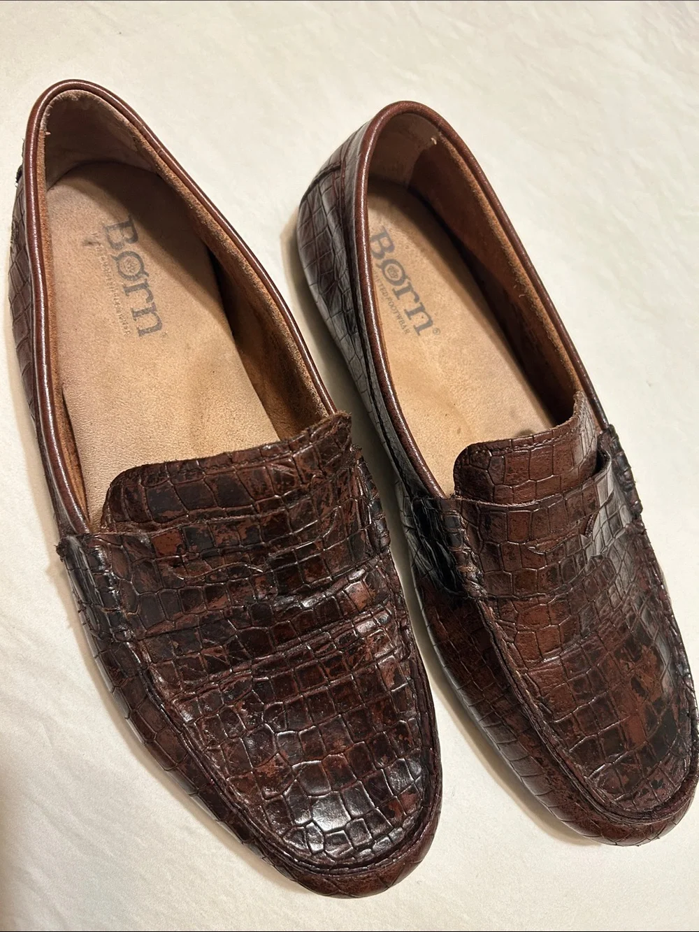 Born Men’s Dark Brown Croc-Embossed Leather Slip-On Loafers